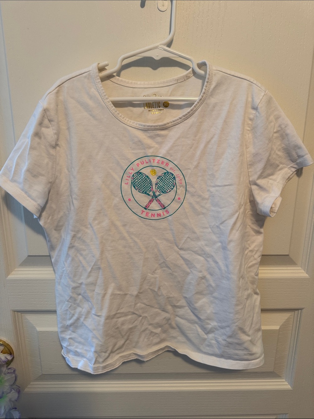 Lilly Pulitzer White Tee with Pink & Teal Tennis Graphic